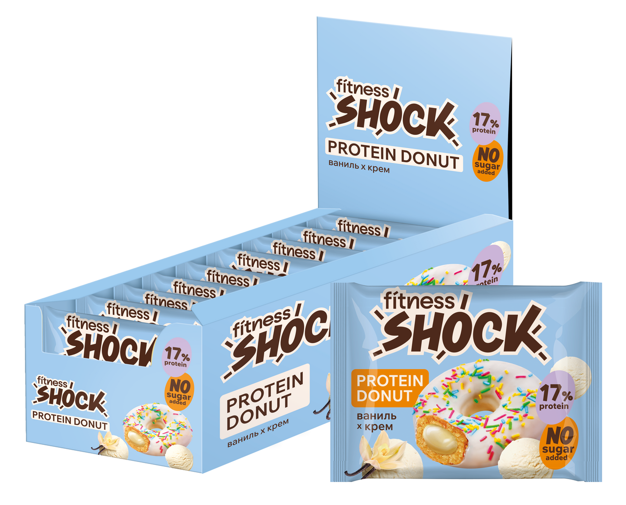 Изображение товара Протеиновое пирожное FitnesShock Донат с ванилью и кремом 9 шт