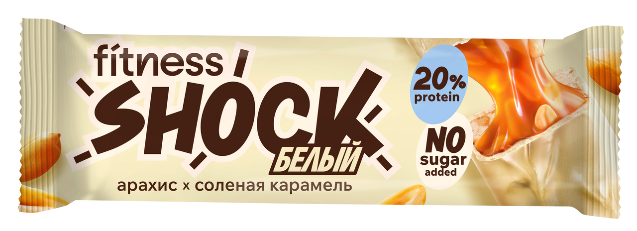 Изображение товара Протеиновый батончик FitnesShock белый с карамелью и арахисом 50г