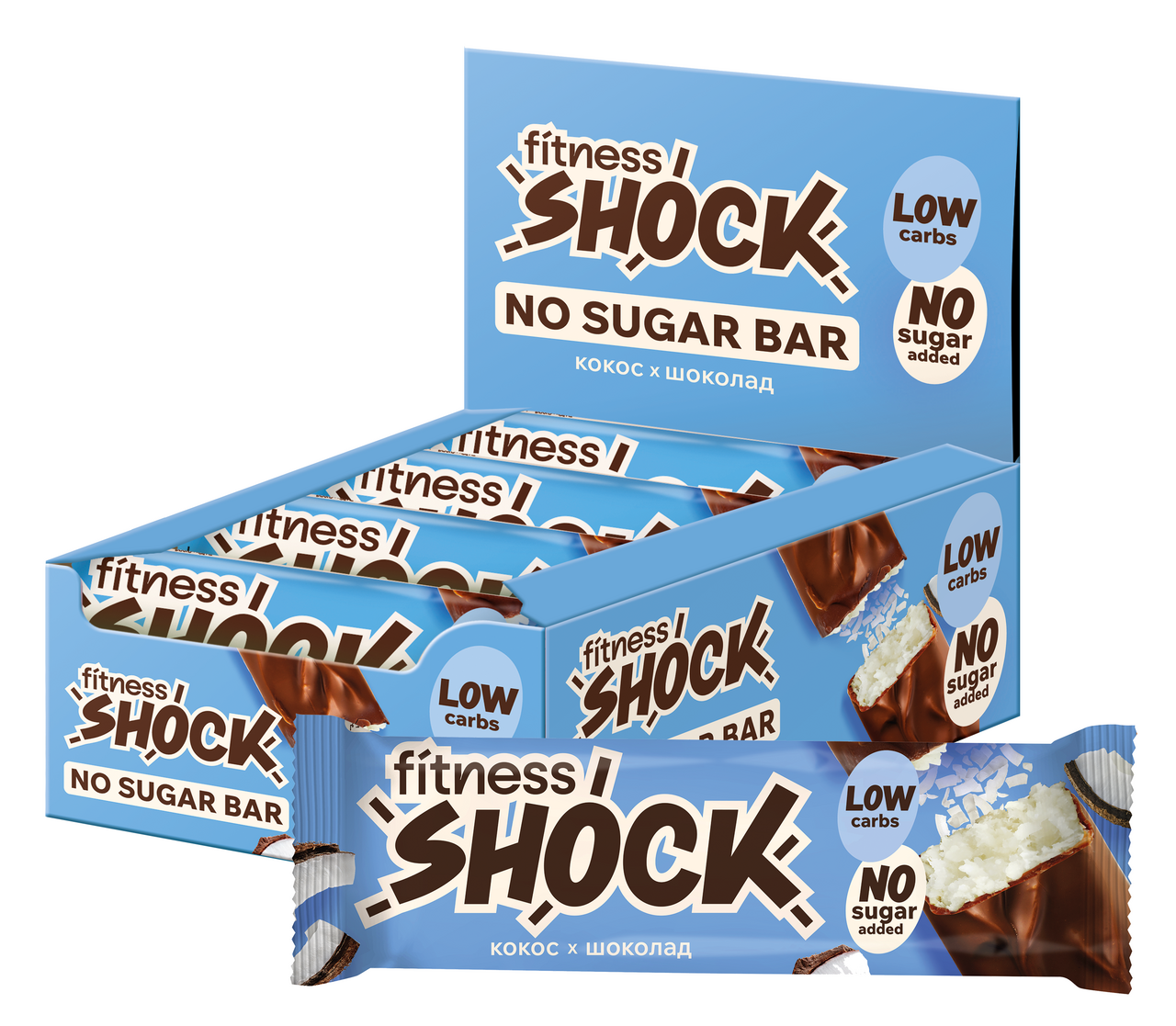 Изображение товара Протеиновый батончик FitnesShock кокос и шоколад 50г 12 шт полезный перекус для спортсменов
