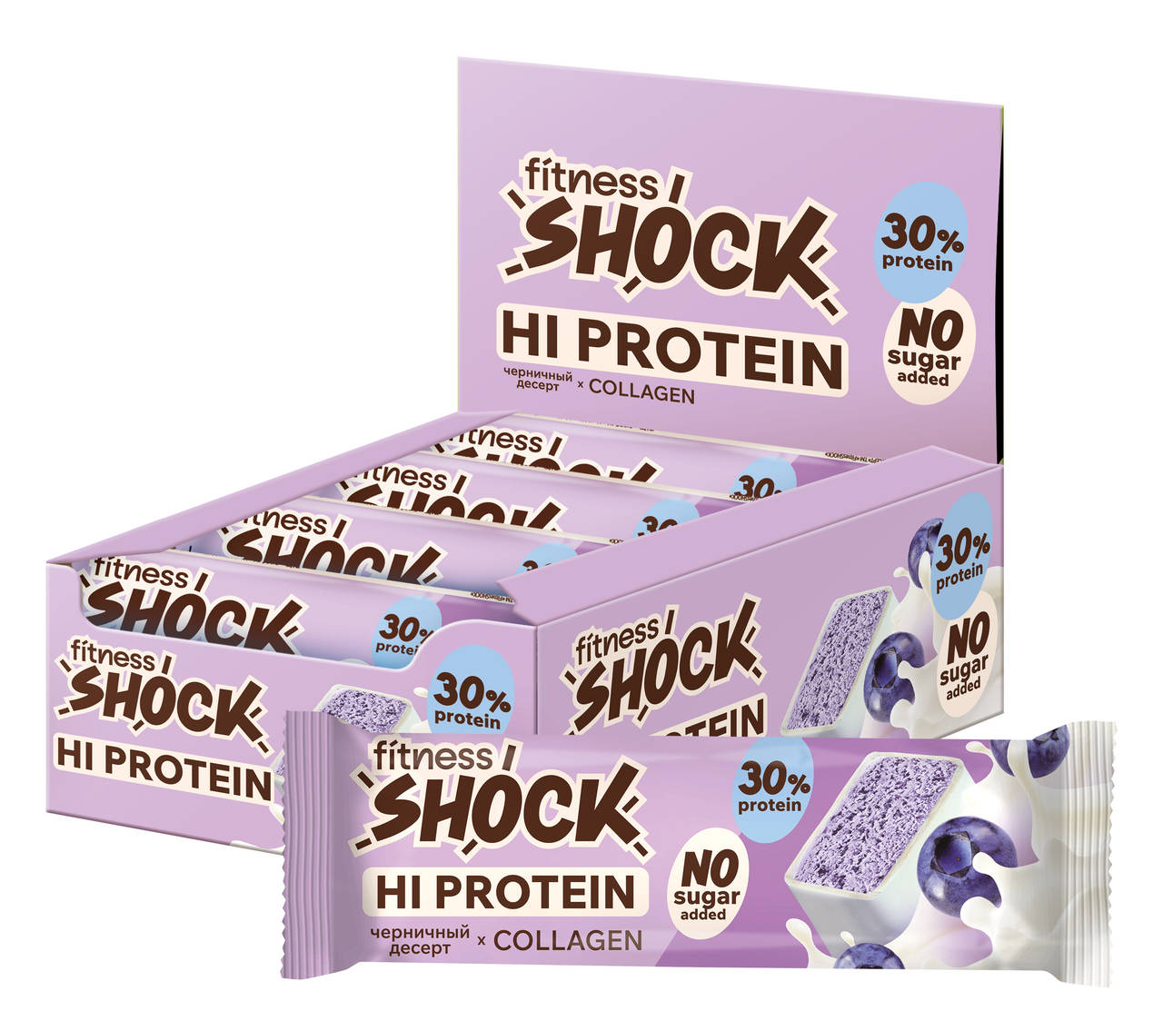 Изображение товара Протеиновый батончик Fitness Shock Черничный десерт 40г 12 шт натуральный здоровый перекус