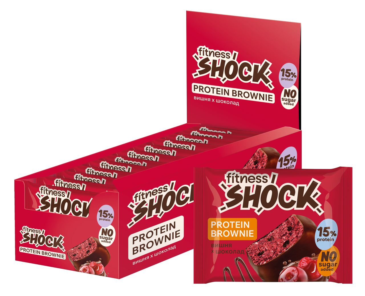 Изображение товара Пирожное протеиновое FitnesShock брауни вишня с шоколадом 50г 12 шт