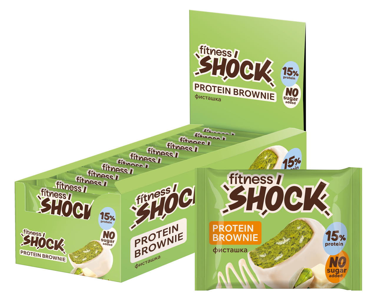Изображение товара Пирожное протеиновое Fitness Shock брауни с фисташкой 50г 12 шт