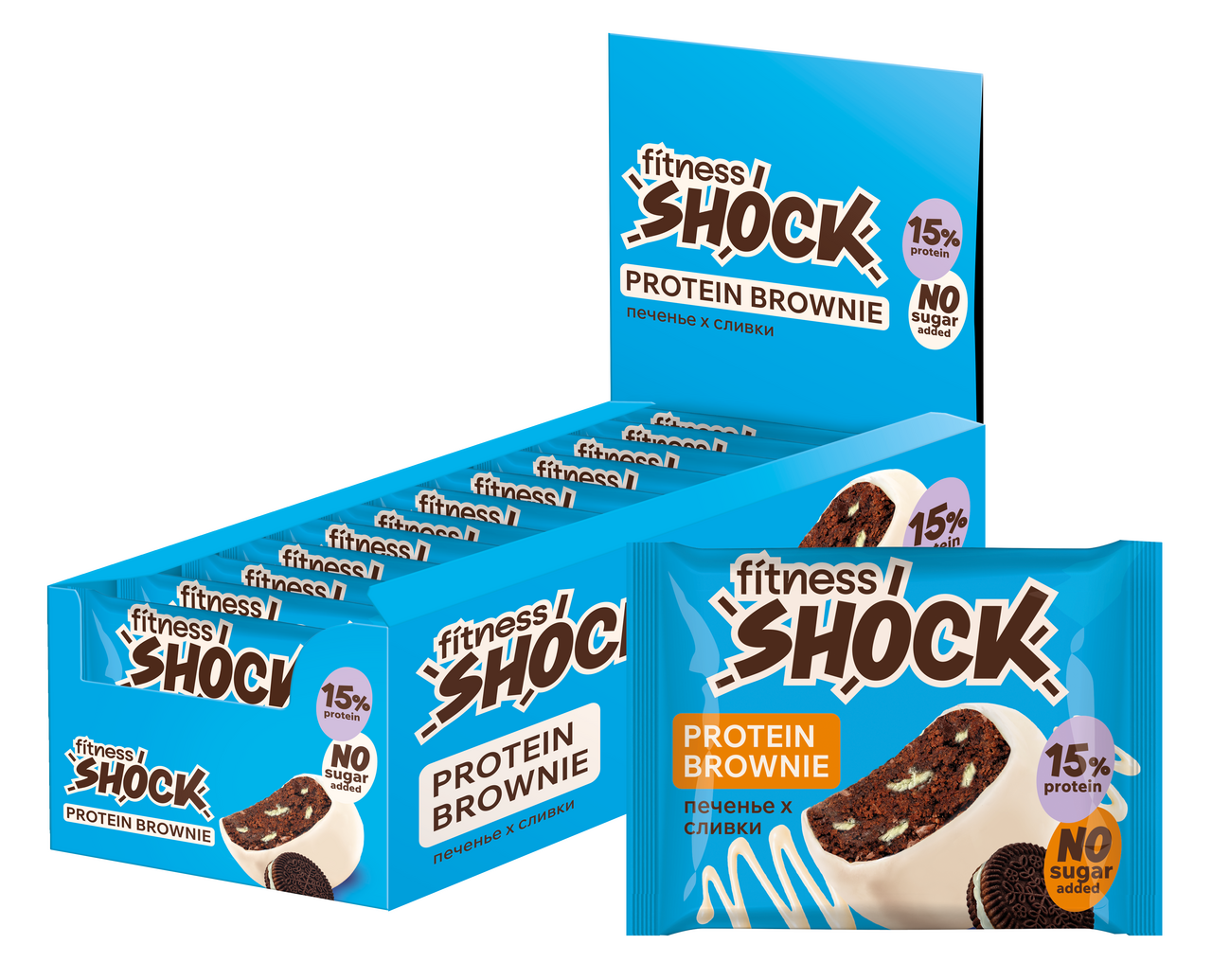 Пирожное протеиновое Fitness Shock брауни печенье со сливками, 50г х 12 шт