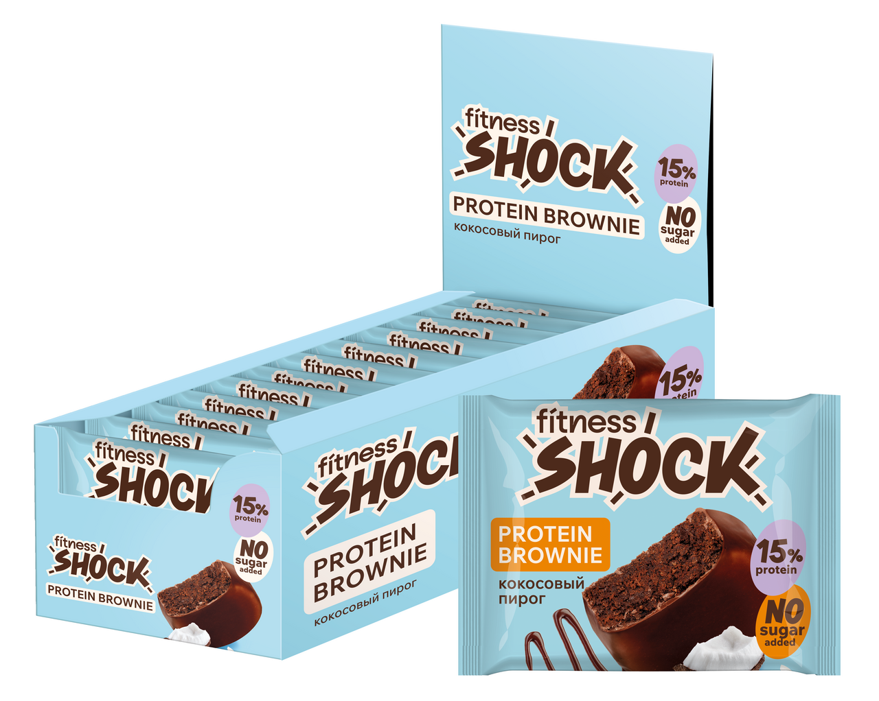Изображение товара Протеиновое пирожное FITNESS SHOCK БРАУНИ КОКОС 50 г, питательный десерт для спортсменов