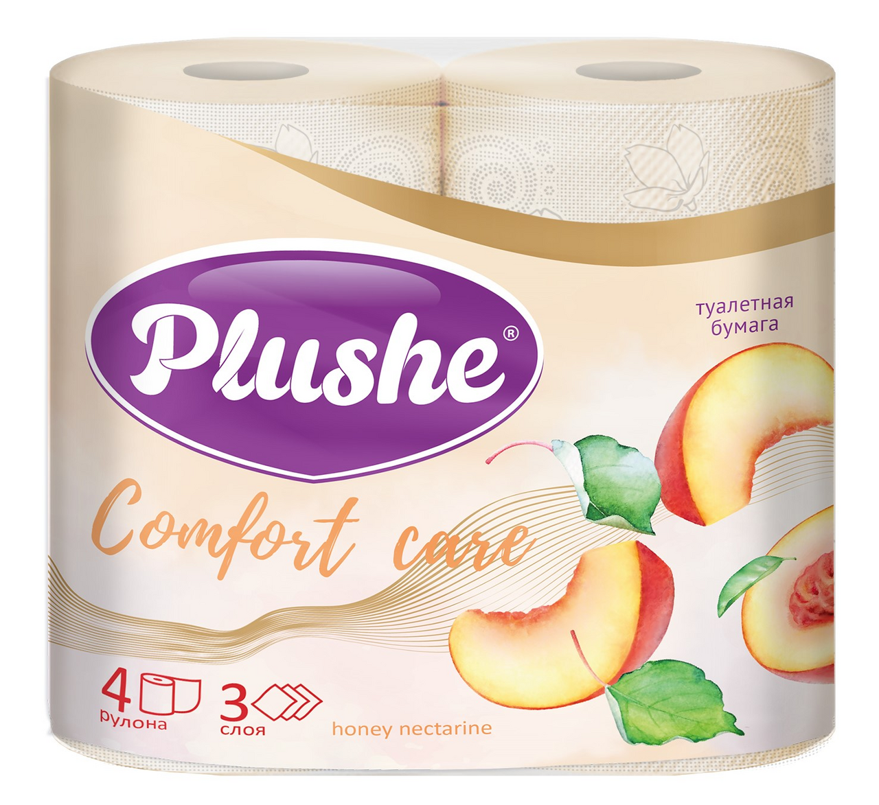 Туалетная бумага Plushe Comfort Care Honey Nectarine трехслойная 4 рулона