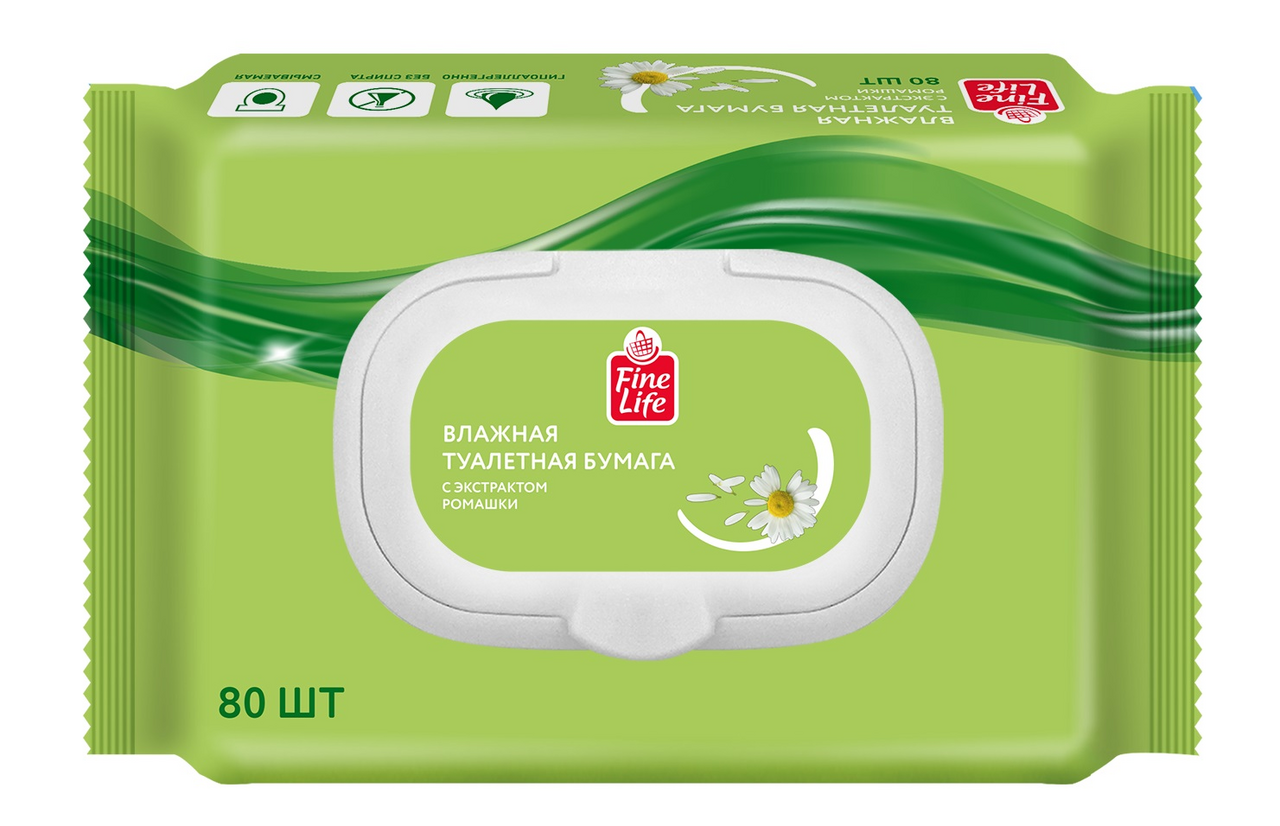 Fine Life Влажная туалетная бумага ромашка, 80 листов