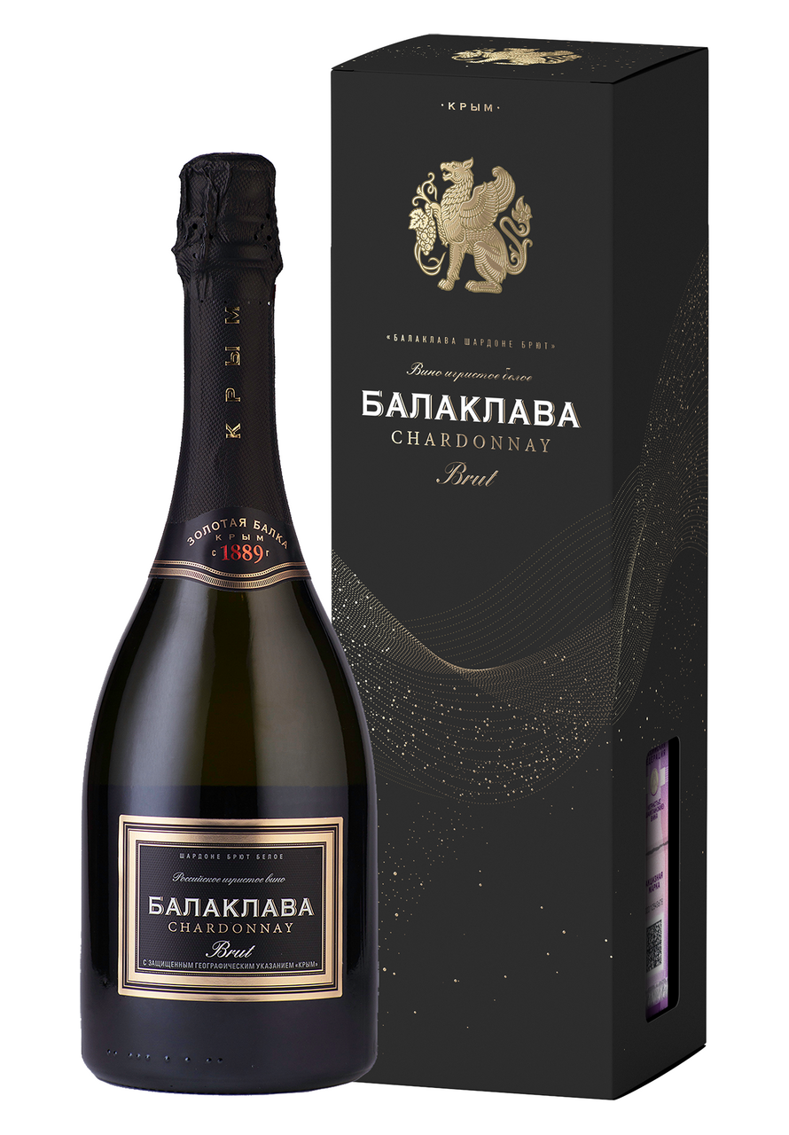 Вино игристое Балаклава Шардоне в подарочной упаковке белое брют, 0.75л