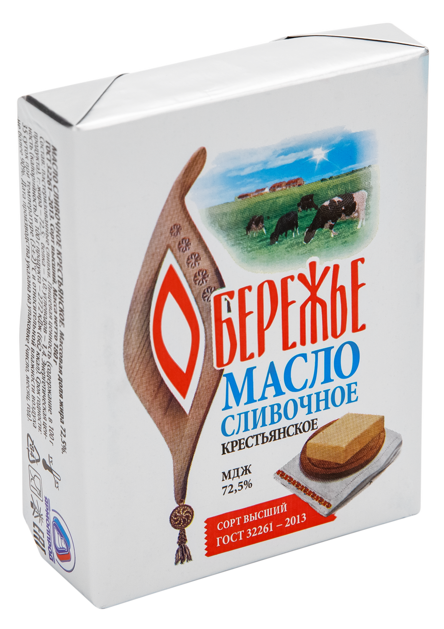 Масло сливочное Обережье Крестьянское 72.5%, 180г