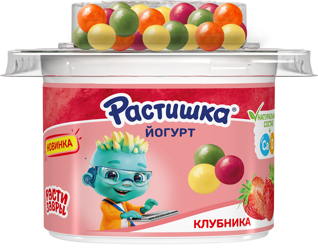 Изображение товара Йогурт Растишка клубника со злаковыми шариками и бананом с апельсином 3%, 116г