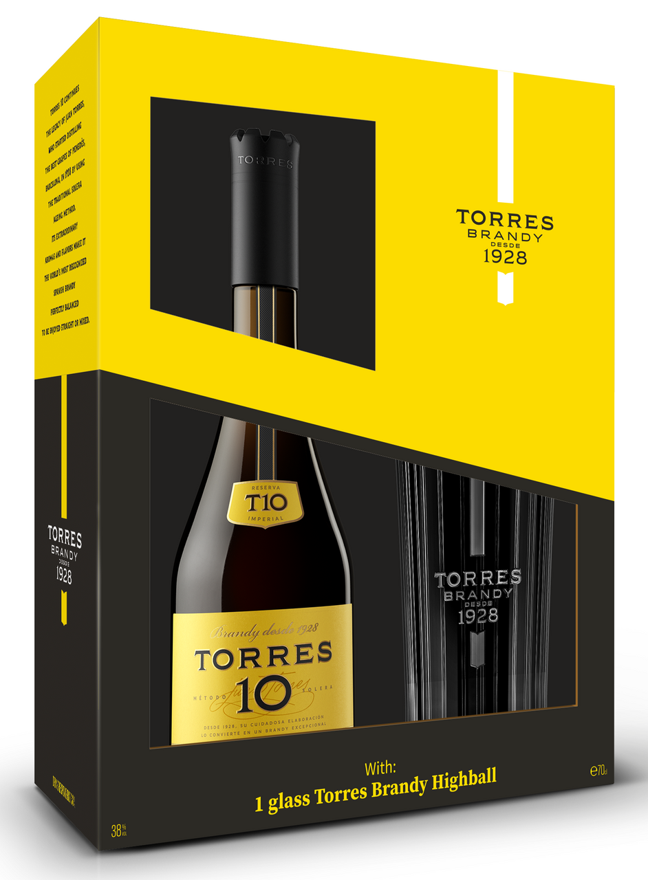 Изображение товара Бренди Torres Gran Reserva 10 в подарочной упаковке со стаканом 0.7л