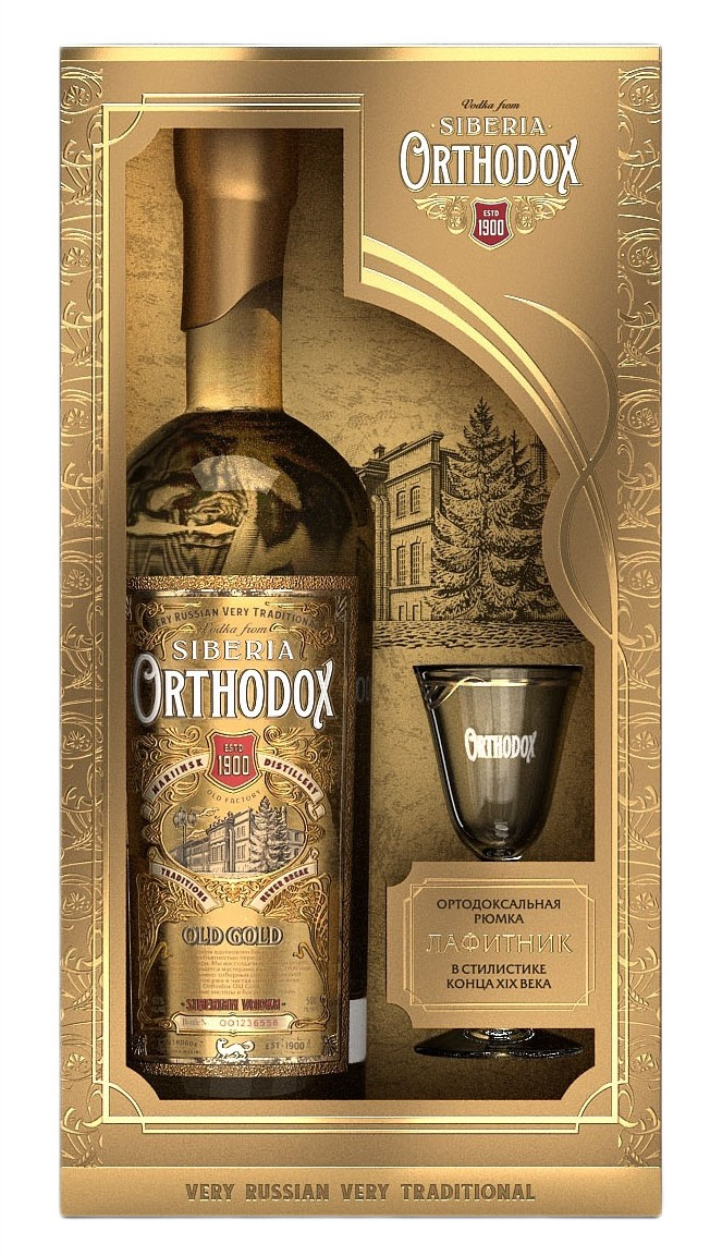 Водка Orthodox Old Gold в подарочной упаковке с лафитником, 1л