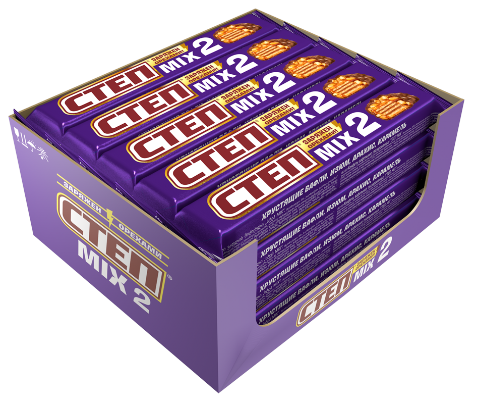 Батончик Степ Mix шоколадный вафли с изюмом и карамель с арахисом, 80г x 20 шт