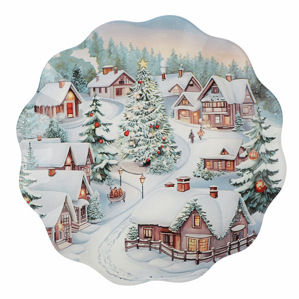 Изображение товара Круглое стеклянное блюдо Зимний пейзаж 25.5 см для сервировки
