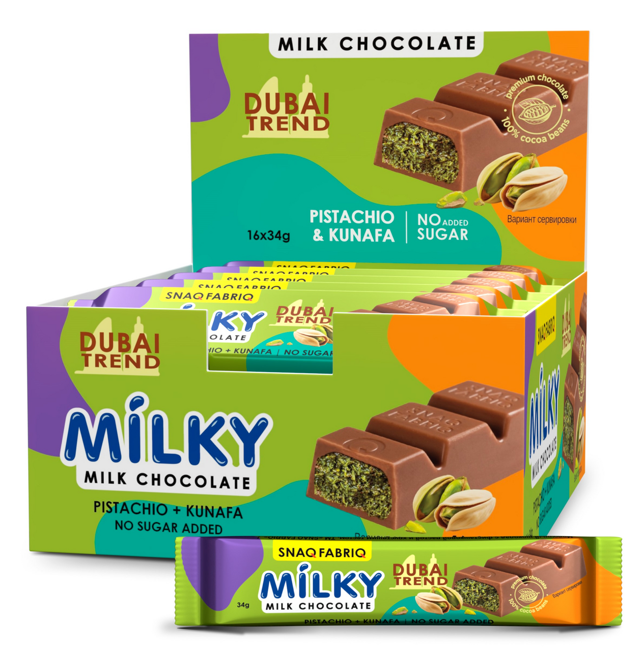 SNAQ FABRIQ Шоколад Snaq Fabriq Milky молочный с начинкой Фисташковая паста и катаифи, 34г x 16 шт