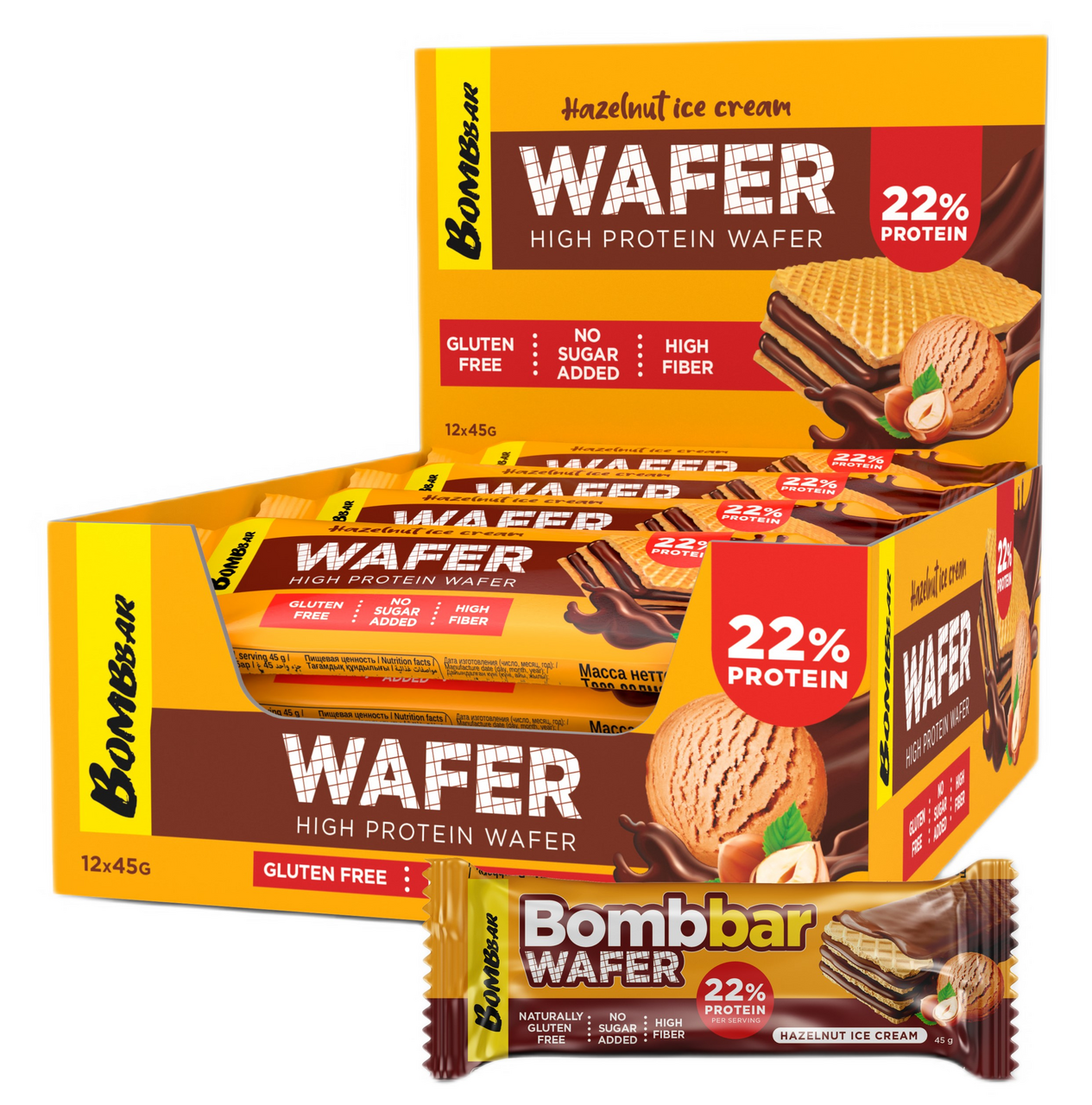 BOMBBAR Вафля протеиновая Bombbar Ореховый пломбир в шоколаде, 45г x 12 шт