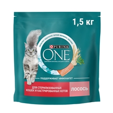 Корм сухой Purina One для стерилизованных кошек и кастрированных котов с лососем и пшеницей, 1.5кг