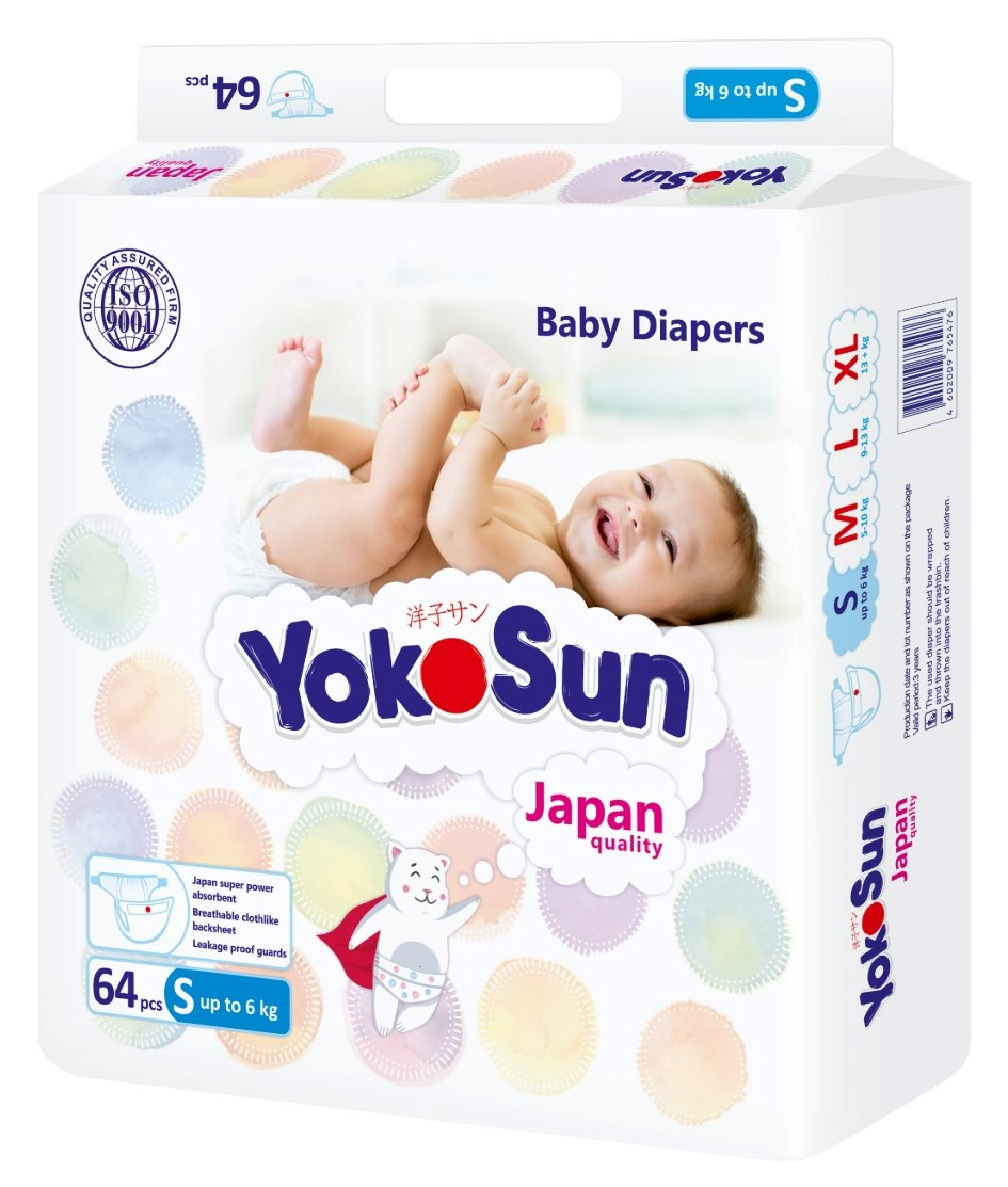 Подгузники Yokosun размер S до 6кг, 64шт