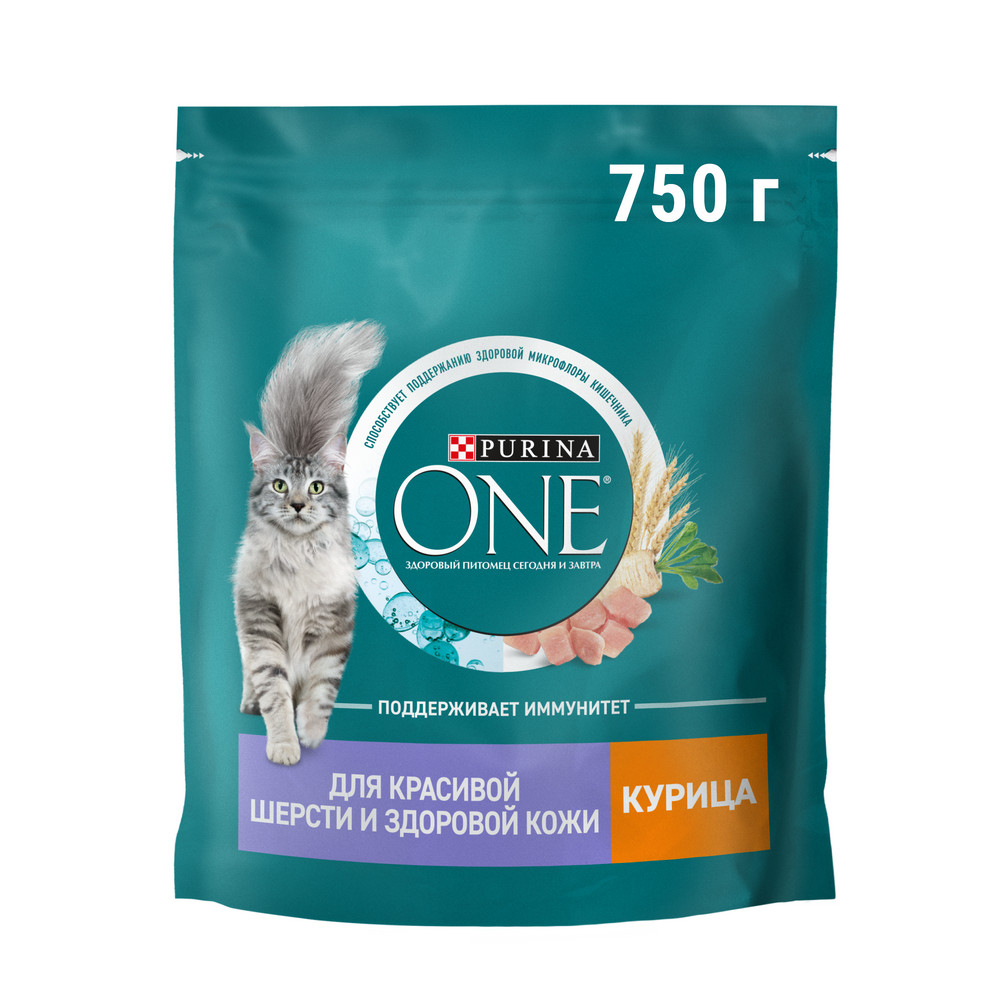 Изображение товара Корм сухой Purina One для взрослых кошек с курицей 750г - здоровье шерсти и кожи