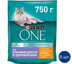 Корм сухой Purina One для взрослых кошек для здоровья кожи и шерсти с курицей и цельными злаками, 750г x 8 шт