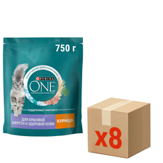 Корм сухой Purina One для взрослых кошек для здоровья кожи и шерсти с курицей и цельными злаками, 750г x 8 шт