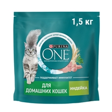 Корм сухой Purina One для взрослых кошек при домашнем образе жизни с индейкой и цельными злаками, 1.5кг