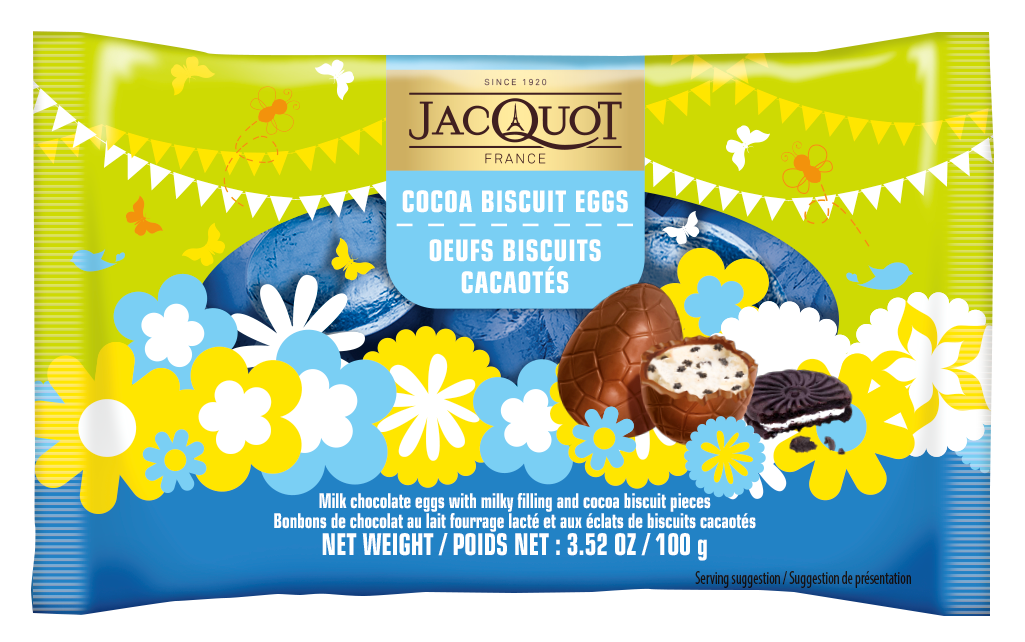 Яйцо шоколадное Jacquot молочная начинка и кусочки печенья, 100г