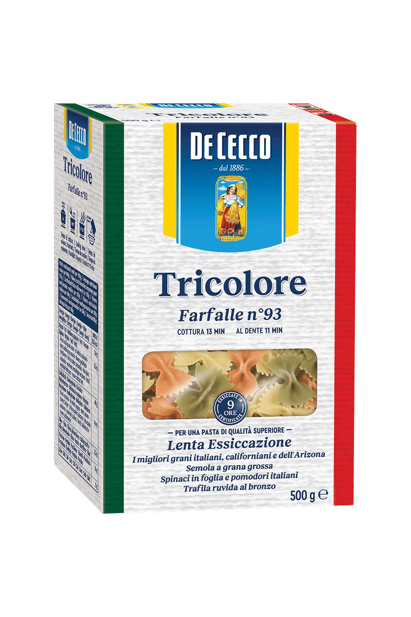Изображение товара Макароны бантики De Cecco Farfalle Tricolore №93 с томатами и шпинатом, 500г