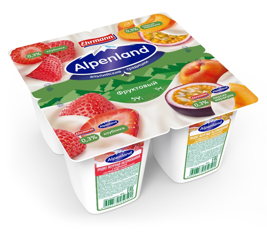 Йогуртовый продукт EHRMANN Alpenland Альпийский вкус клубника персик и маракуйя, 4х95г