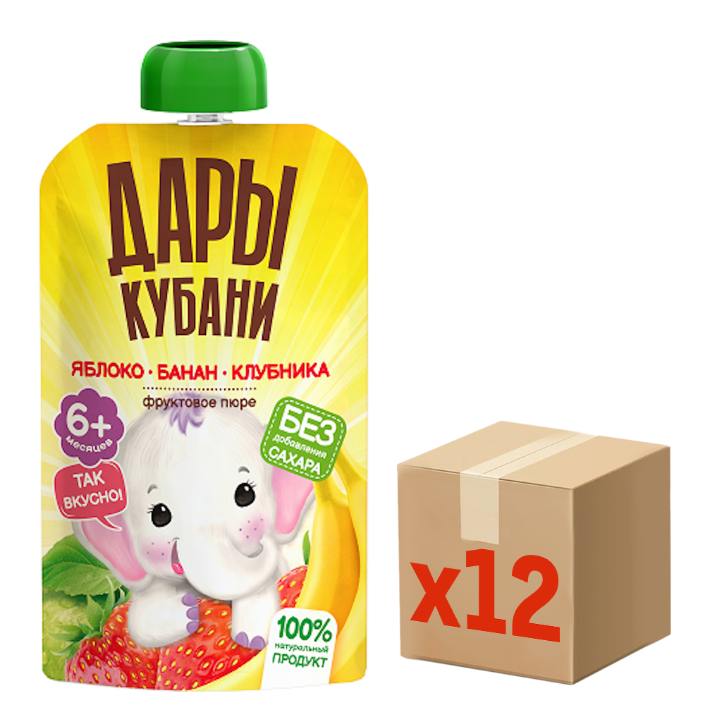Пюре детское Дары Кубани яблоко, банан и клубника, 90г x 12 шт