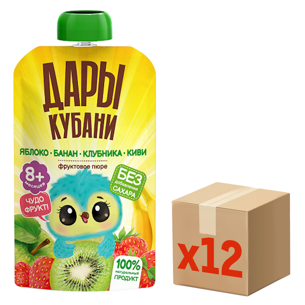 Пюре детское Дары Кубани яблоко, банан, клубника и киви, 90г x 12 шт