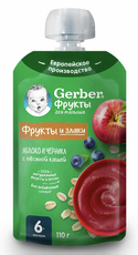 Пюре фруктово-зерновое детское Gerber яблоко, черника и овсяная каша, 110г
