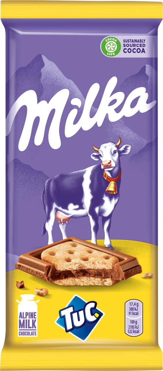 Шоколад молочный MILKA с соленым крекером Tuc, 87г