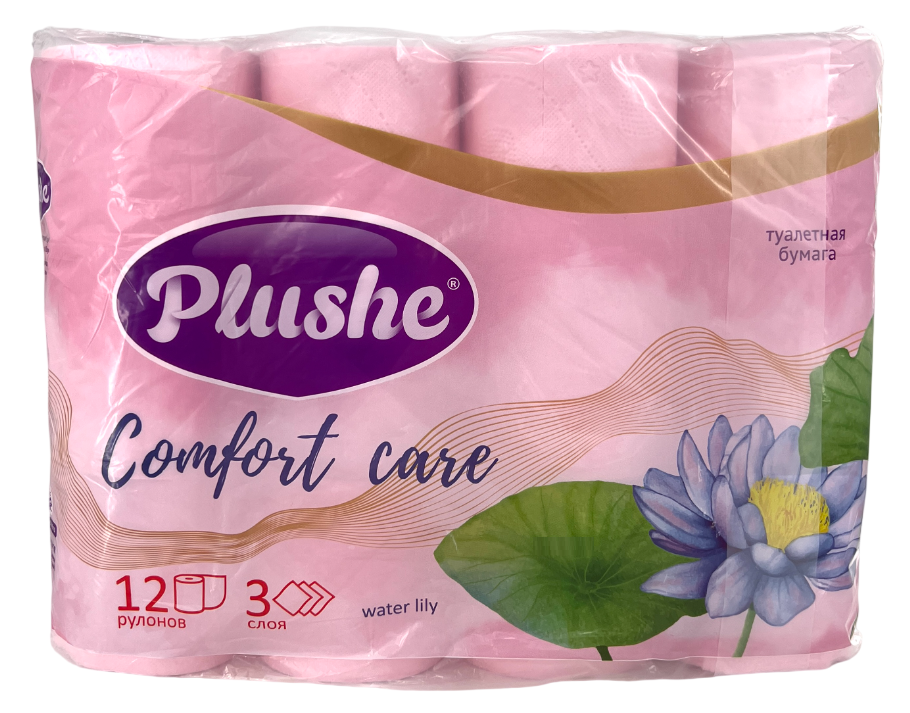 Туалетная бумага Plushe Comfort Care водная лилия 3-слойная 12 рулонов
