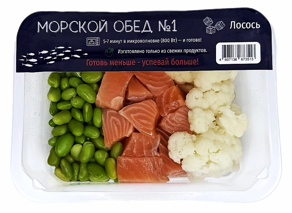 250Г ЛОСОСЬ КУСОЧКИ ЦВЕТНАЯ КАПУСТА/БОБЫ ЭДАМАМЕ ОХЛ