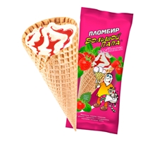 Мороженое Большой папа Пломбир с клубникой сахарный рожок, 130г