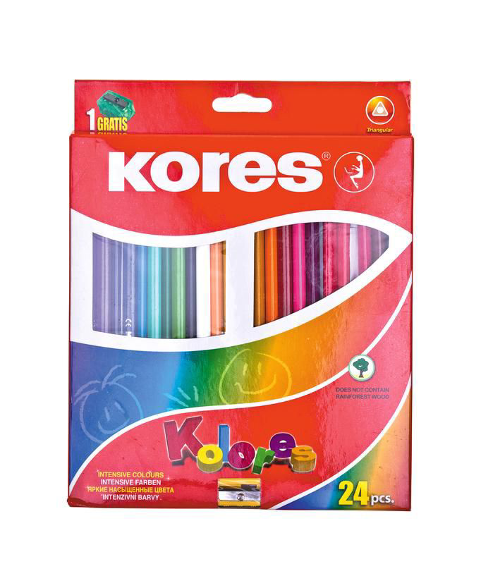 Карандаши KORES трехгранные с точилкой, 24цвета