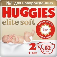 Подгузники Huggies Elite Soft для новорожденных 2 размер 4-6кг, 82шт