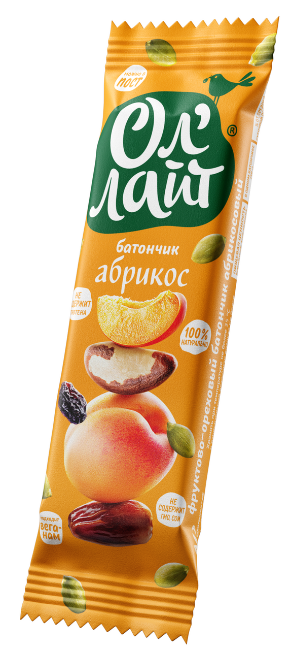 Изображение товара Батончик Ол'Лайт Абрикос с орехами 30 г Изображение товара Батончик Ол'Лайт Абрикос с орехами 30 г