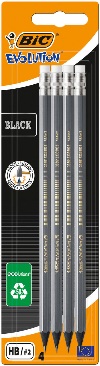 Карандаши чернографитовые BIC HB с ластиком, 4шт