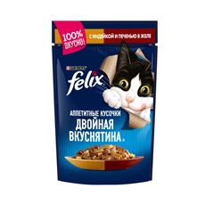 Корм влажный Felix Двойная вкуснятина Аппетитные кусочки в желе для взрослых кошек с индейкой и печенью, 85г