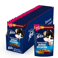 Корм влажный Felix Двойная вкуснятина Аппетитные кусочки в желе для взрослых кошек с индейкой и печенью, 85г x 26 шт