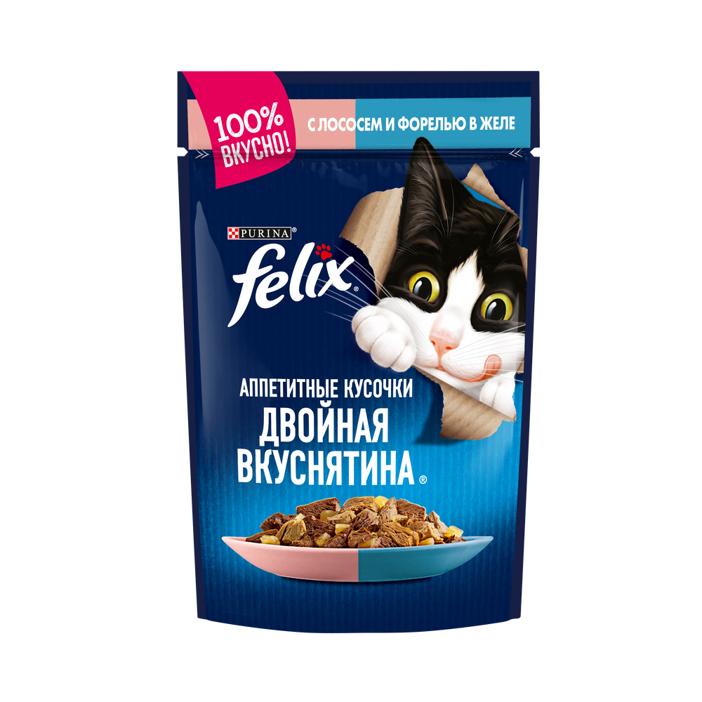 Корм влажный Felix Двойная вкуснятина Аппетитные кусочки в желе для взрослых кошек с лососем и форелью, 85г