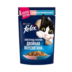 Корм влажный Felix Двойная вкуснятина Аппетитные кусочки в желе для взрослых кошек с лососем и форелью, 85г