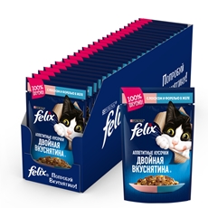 Корм влажный Felix Двойная вкуснятина Аппетитные кусочки в желе для взрослых кошек с лососем и форелью, 85г x 26 шт