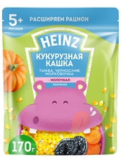 Каша Heinz Лакомая кукурузная тыква-чернослив-морковь молочная с 5 месяцев, 170г