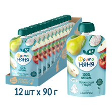 Пюре фруктовое детское ФрутоНяня Яблоко, груша и творог с 6 месяцев, 90г х 12 шт