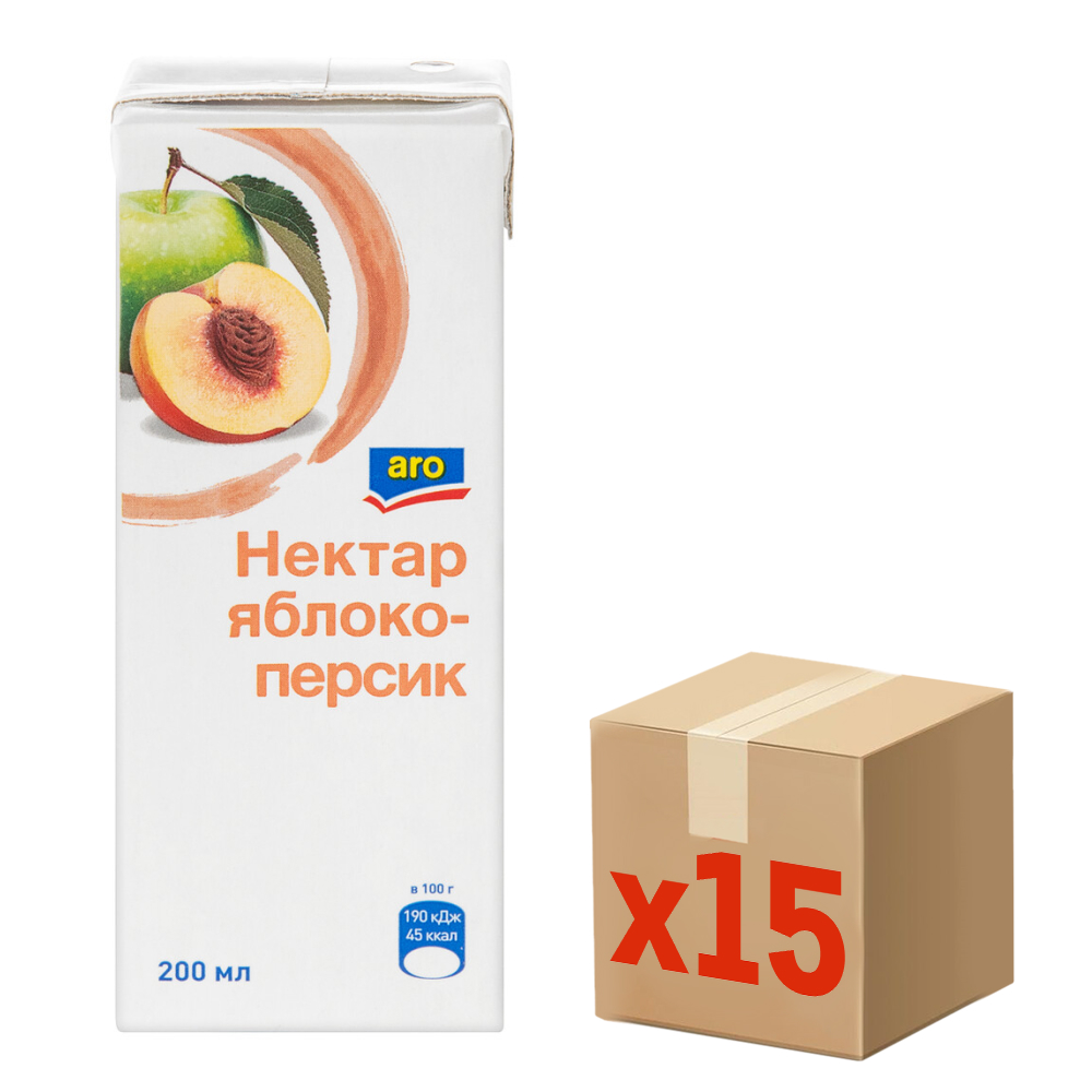 aro Нектар яблоко и персик, 200мл x 15 шт