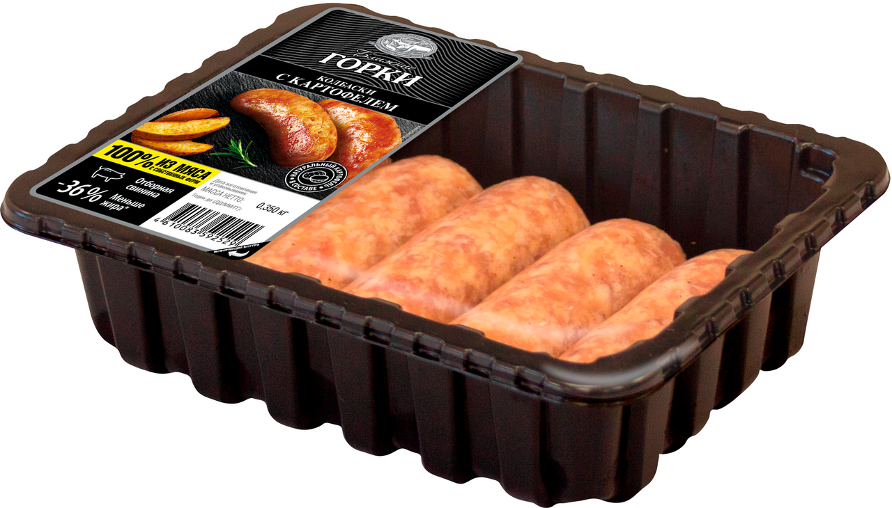 Изображение товара Колбаски свиные Ближние горки с картофелем охлажденные, 350г Изображение товара Колбаски свиные Ближние горки с картофелем охлажденные, 350г