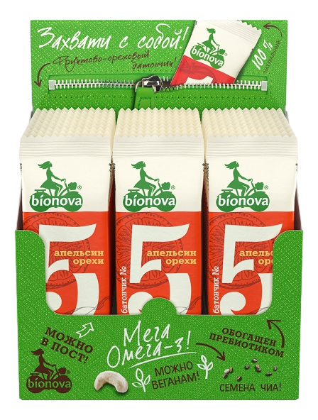 Батончик фруктово-ореховый Bionova №5 с апельсином, 35г x 24 шт