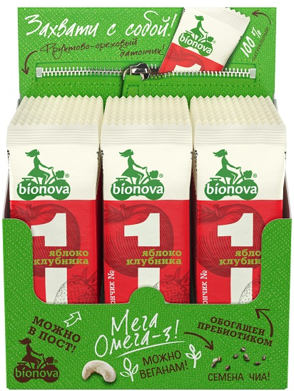 Изображение товара Фруктово-ореховый батончик Bionova №1 с яблоком и клубникой 24 шт 35 г